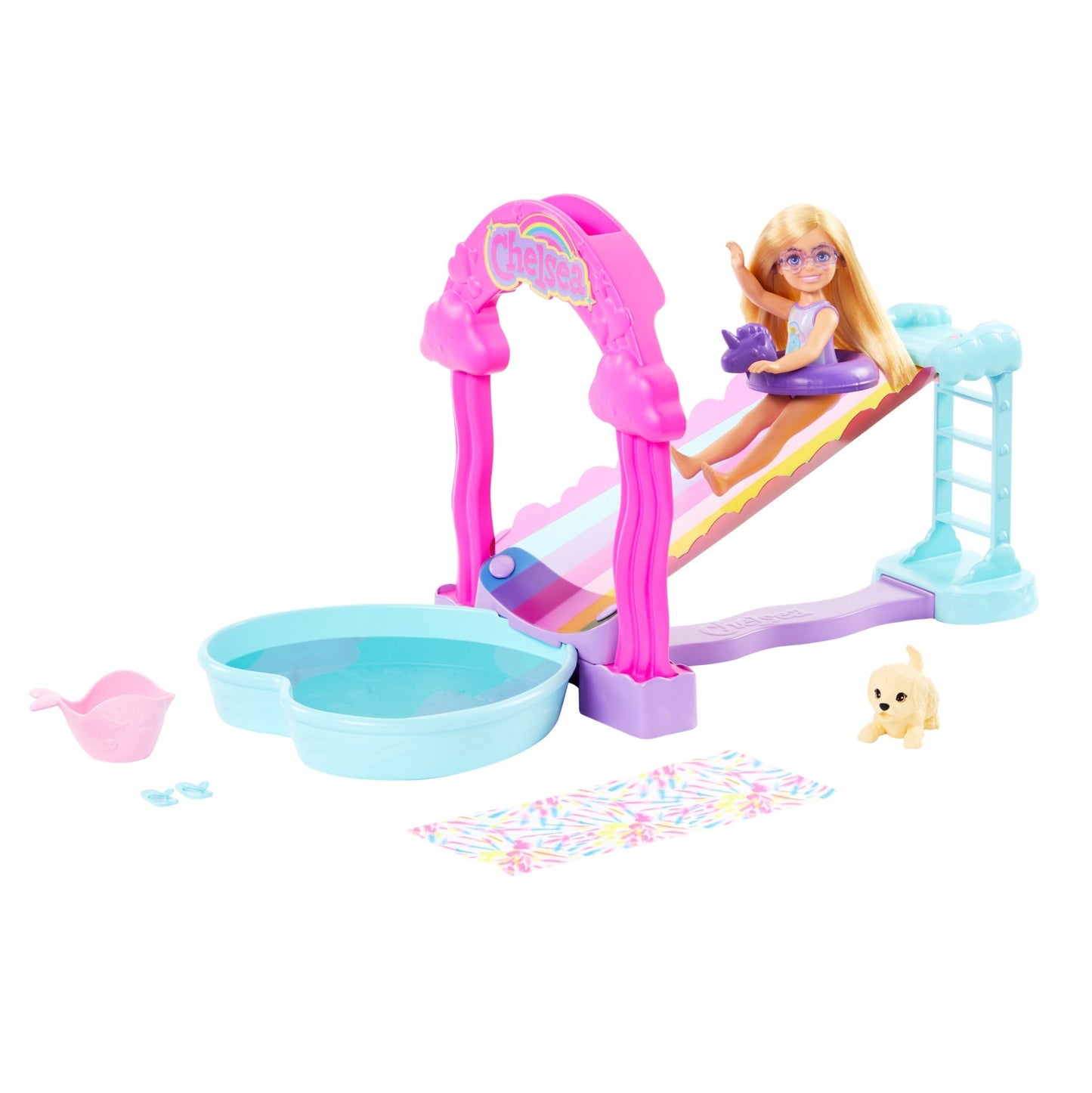 Barbie Chelsea Rainbow ¡°Raining¡± Water Slide Toy Playset With Doll, Pup, & Accessories